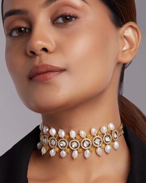 Buy White Kundan Choker Necklace Set With Floral Motif In Mix Metal