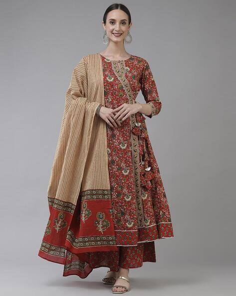 Floral Print Angrakha Kurta Set