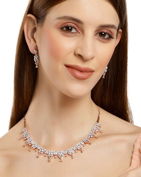 Attractive Dark Pink Diamond Necklace Set - SJK1307