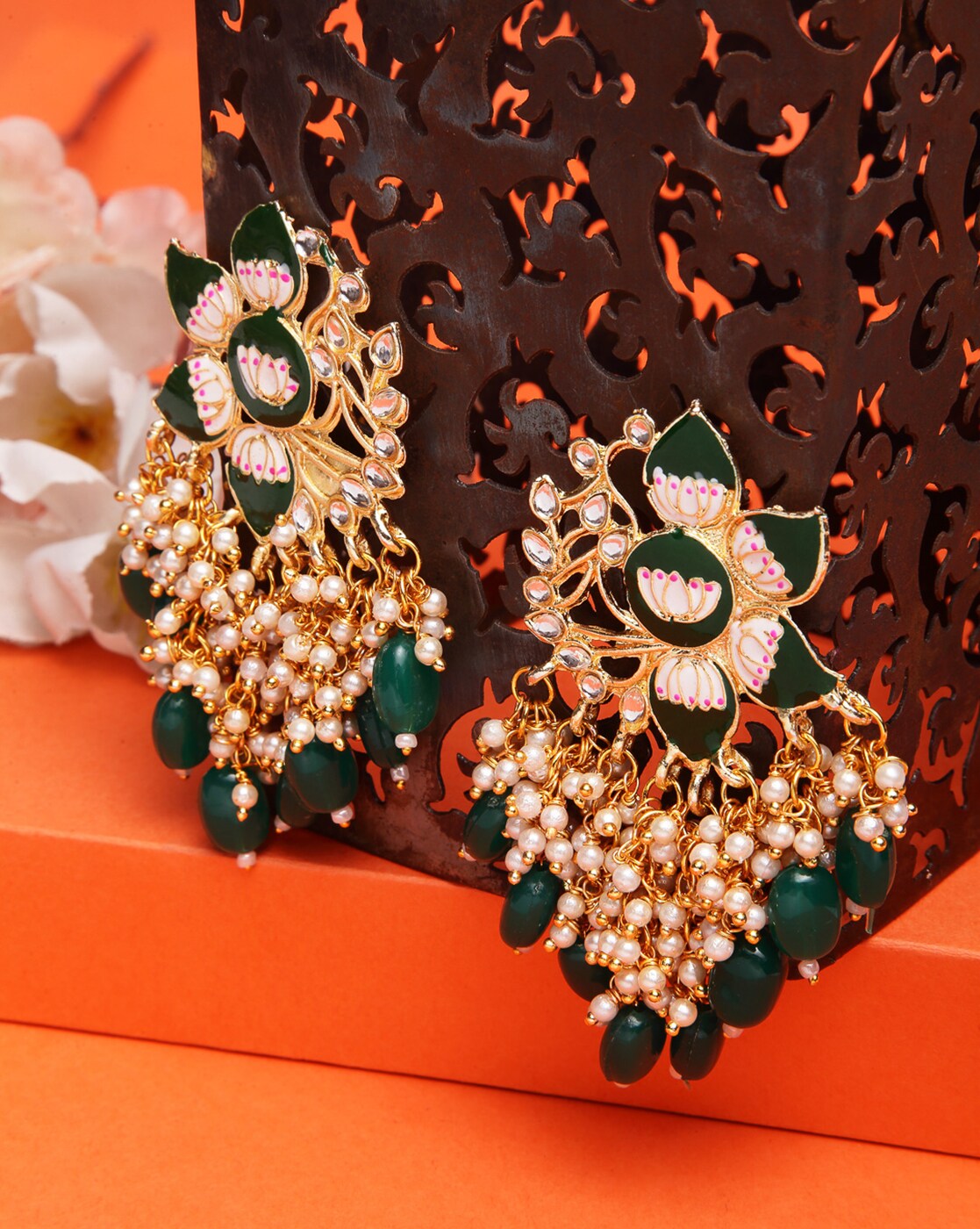 Buy Pink Gold Tone Kundan Chandbali Earrings with Pearls Online at  Jaypore.com