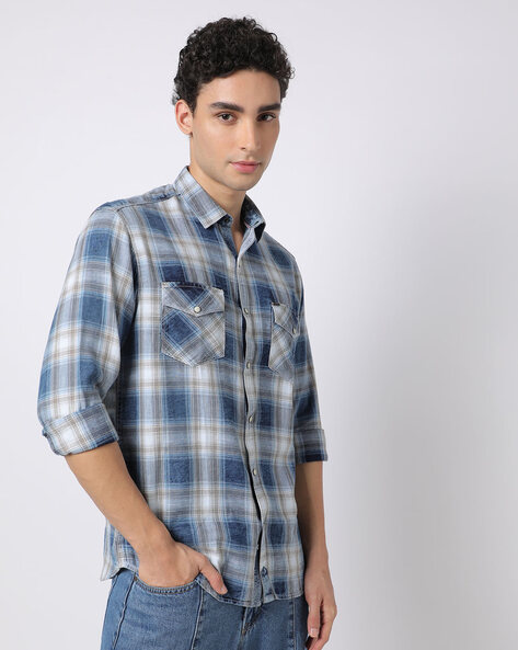 Checked Trim Fit Shirt with Flap Pockets