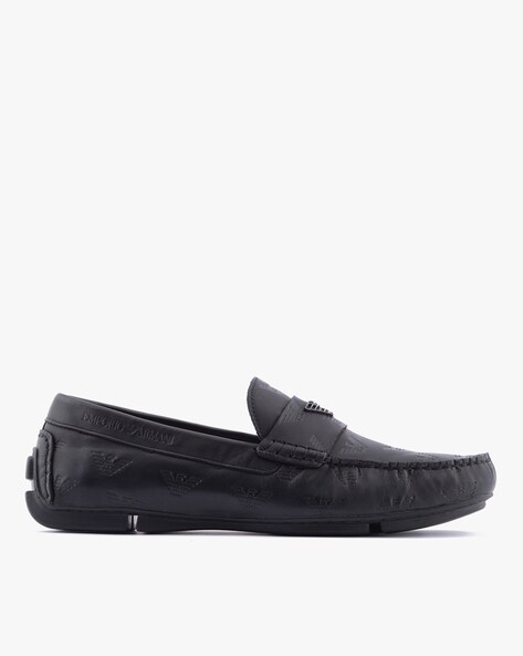 Buy EMPORIO ARMANI Slip On Leather Shoes with Metal Logo Black