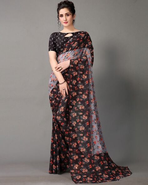 Odette Women Black Georgette Floral Saree With Stitched Blouse
