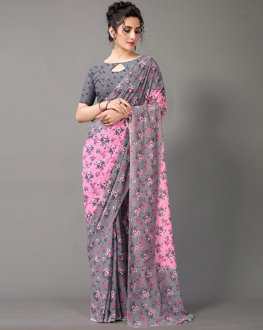 Grey Woven Design Net Saree – Inddus.com