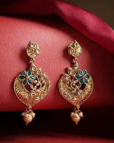 Buy New Model Light Weight Gold Plated Green Stone Dangler Earrings Design