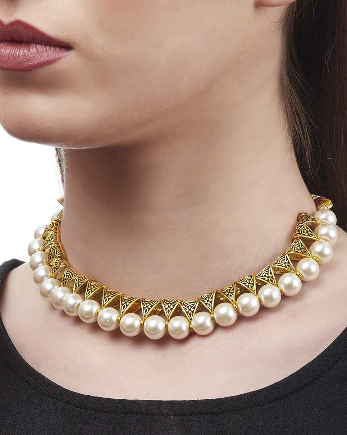 Gold tone pearl-coral stone necklace set dj-41723 – dreamjwell