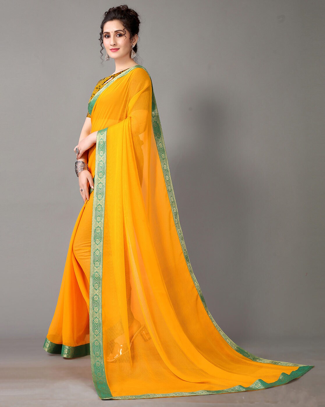 Buy Akhilam Georgette Yellow Solid And Embellished Designer Saree With  Blouse Piece online