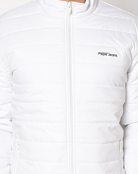 Pepe Jeans White Regular Fit Striped Quilted Jacket
