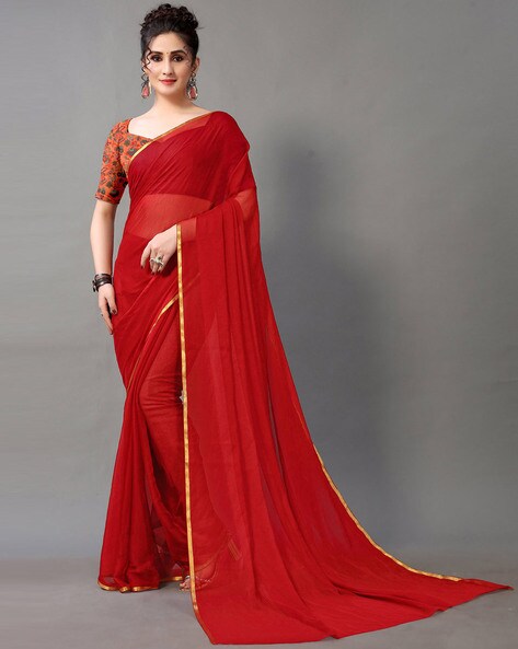 Red chiffon saree with blouse - Rivera Sarees - 2734599 | Saree designs, Chiffon  saree, Saree models