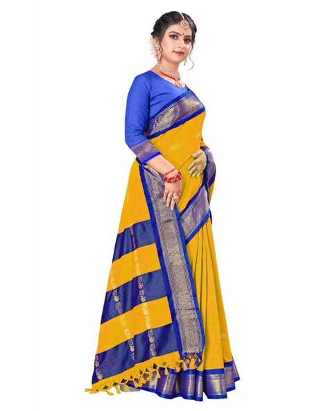 Shop Stunning Blue and Yellow Striped Matka Silk Saree Online in USA – Pure  Elegance