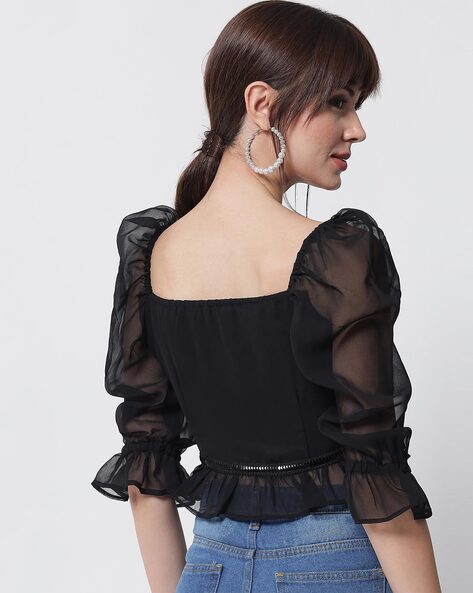 Organza Sheer Puff Sleeve Crop Top Black