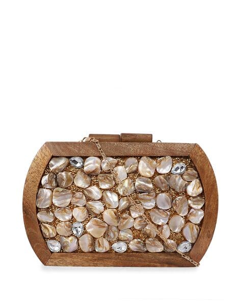 Embellished Wooden Mother of Pearl Clutch