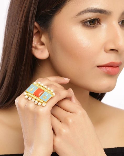 Voylla Gold-Plated Neeladri Gems Enamel Ring