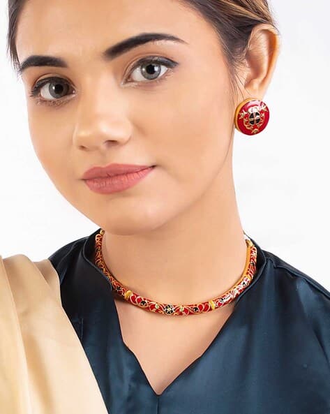 Voylla Floral Enameled Choker Necklace & Earrings Set