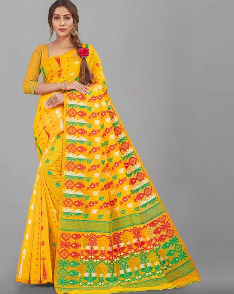 Buy Women's Dhakai Jamdani Saree Pure Cotton Yellow and Red Colour (ND47_  Yellow/Red) at Amazon.in