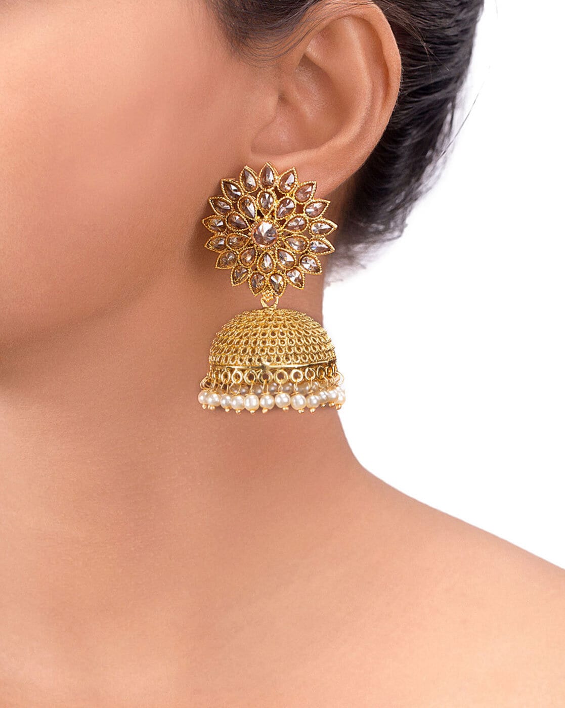Pearl Beads Studded Gold Toned Jhumki's Pair – VOYLLA