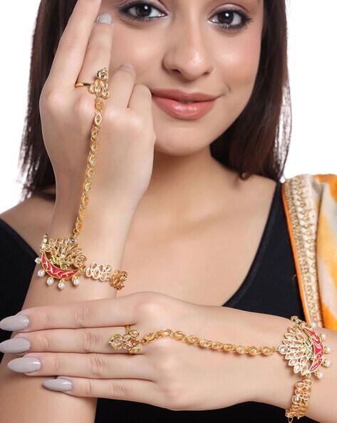 Buy Voylla Abharan Teardrop Cut Pink Stones Gold Plated Bracelet online