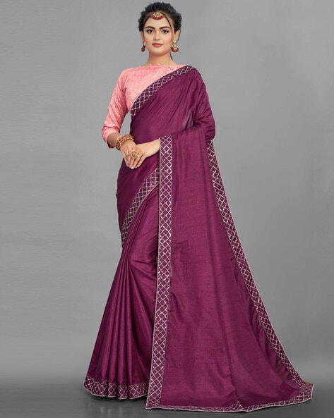 Handloom Purple Banarasi Katan Silk Saree with Scallop Border and Gree –  WeaverStory