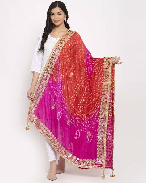 Clora Multicoloured Bandhani Gotta Patti Silk Dupatta Price in India