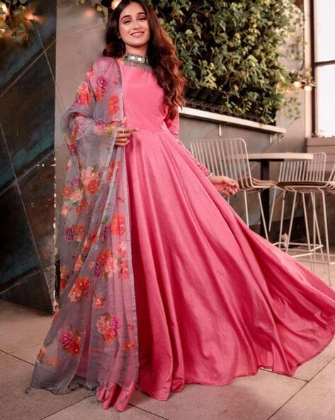 Party Wear Georgette Fabric Peach Color Mesmeric Embroidered Work Readymade  Anarkali Style Long Gown With Dupatta