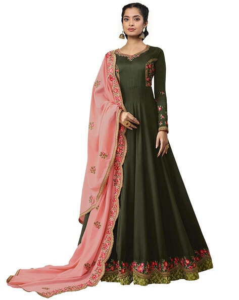 Embellished 3-piece Semi-Stitched Anarkali Dress Material Price in India