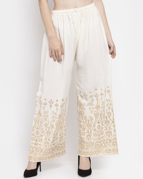 Floral-Embroidered Palazzos with Elasticated Drawstring Waist Price in India