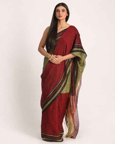 Buy Misha Boutique Bollywood Style Maroon Colour Handloom Silk Cotton Saree  With Running Blouse Piece