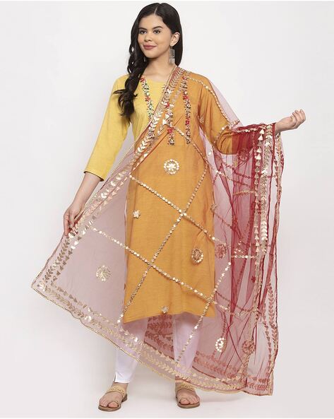Geometric Pattern Dupatta with Lace Contrast Price in India