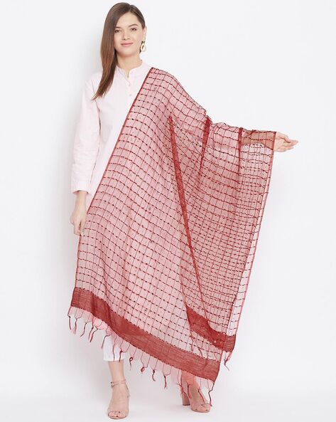 Checked Sequined Organza Dupatta with Tassel Price in India