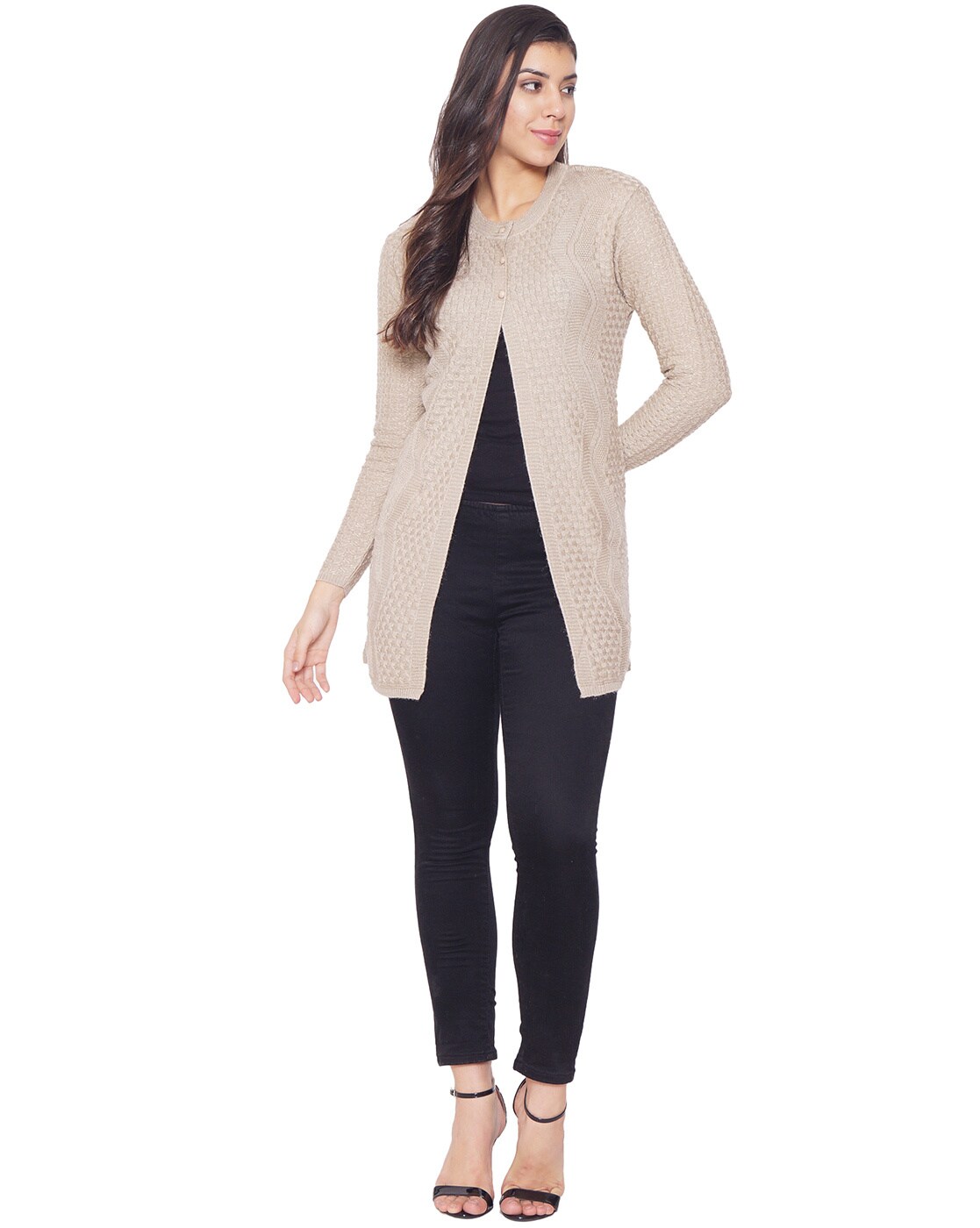 Hanes Women's Beige Long Sleeve Open Font Knitted Cardigan Sweater