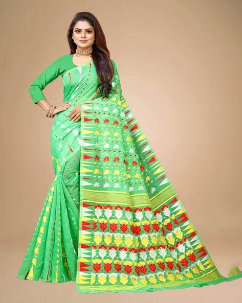 Buy Mesmerizing Sea Green Embroidered Cotton Saree - Zeel Clothing