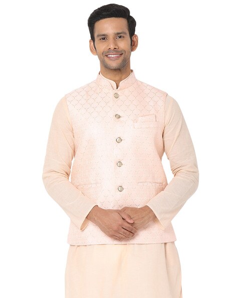 Fancy Fabric Peach Color Festive Wear Readymade Men Stylish Nehru Jacket