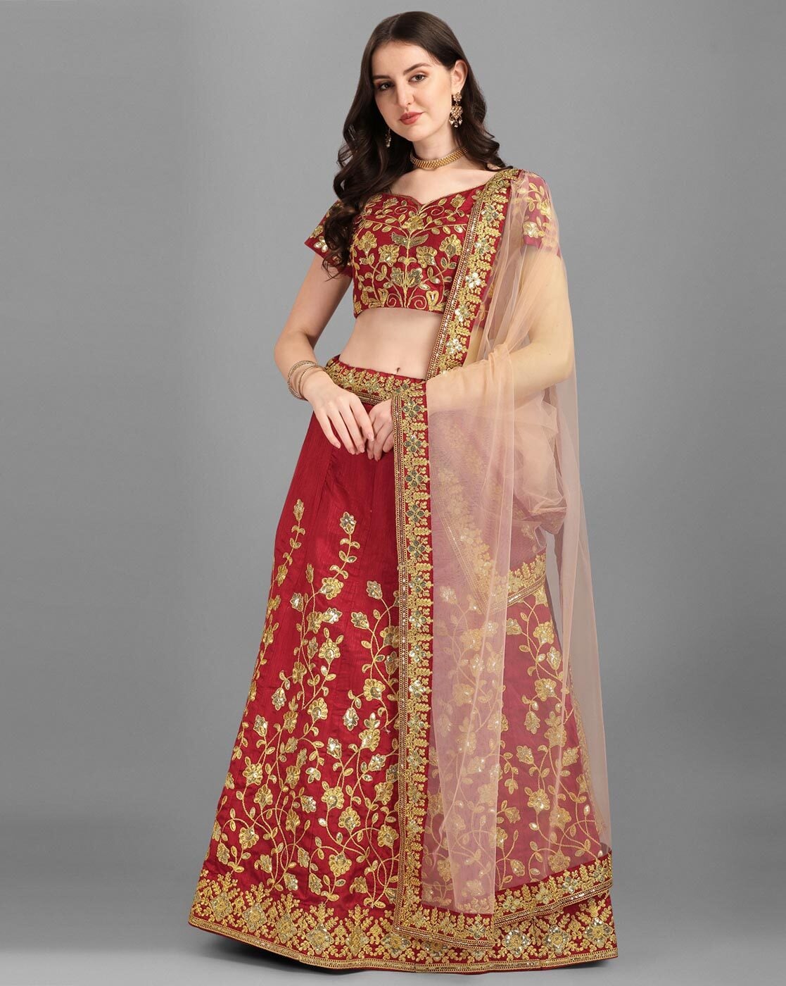 BEIGE NET EMBROIDERED PARTY WEAR LEHENGA