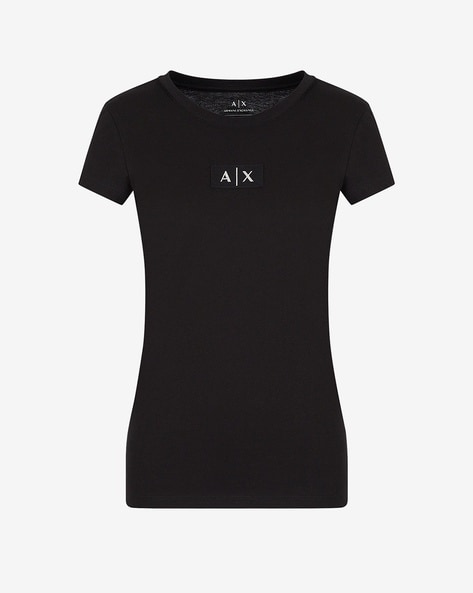 Slim Fit Round Neck T Shirt with Crystal Logo Patch