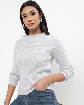 Women Ribbed White Pullover with Mock Turtleneck