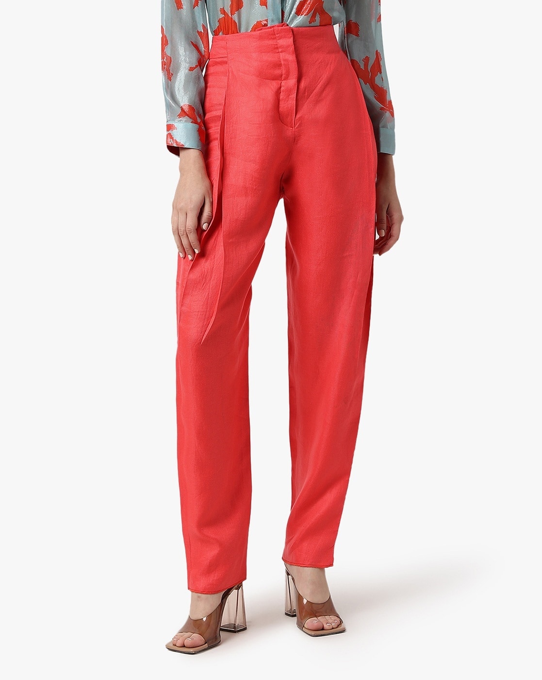 Red Solid Cotton Narrow Pants