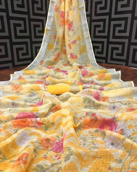 Floral Print Linen Saree