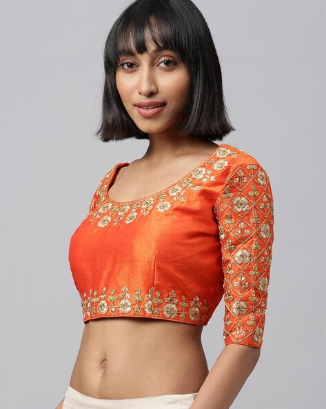 Ravishing Orange Color Designer Silk Embroidered Blouse For