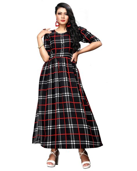Womens Checked Rayon Long Anarkali Kurti  Kurti designs Latest gown  design Fashion