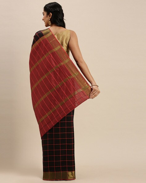 Banarasi Cotton Silk Saree Check Weaving & Contrast Buta Border-Black –  Banarasikargha