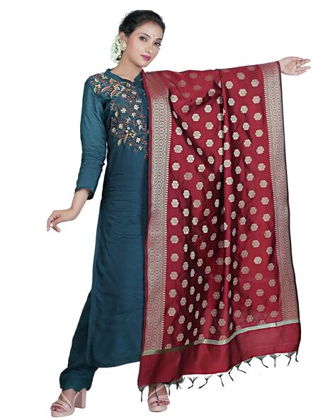 Woven  Floral Banarasi Dupatta with Tassels Price in India