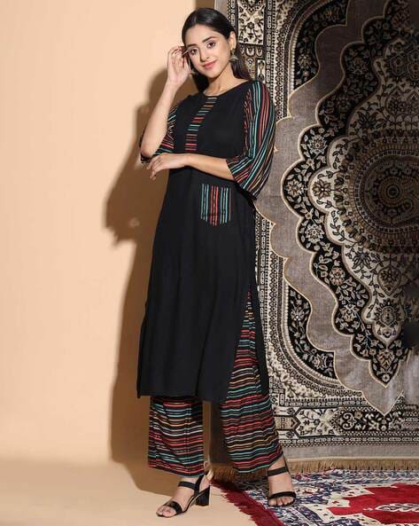 Teal Striped Embroidered Beads & Stones Straight Kurta & Palazzos With–  Inddus.in