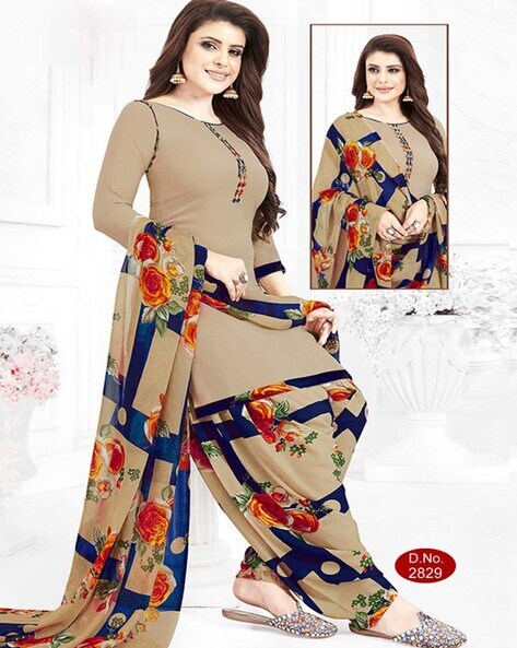Unstitched Dress Material with Floral Print Dupatta Price in India
