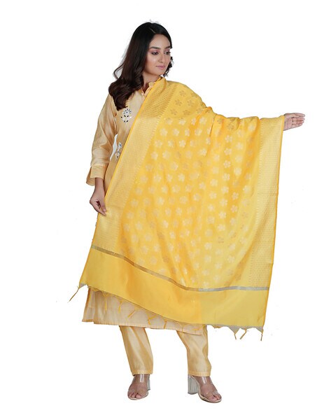 Woven Floral Pattern Banarasi Dupatta with Tassels Price in India