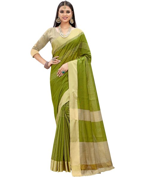 Vishal Prints Mehandi Green Chiffon Saree With Foil Print And Jari Bor