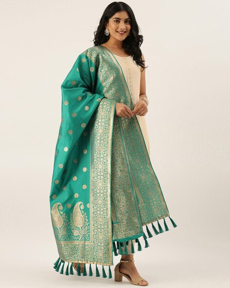 Contrast Border Dupatta with Tassels Price in India