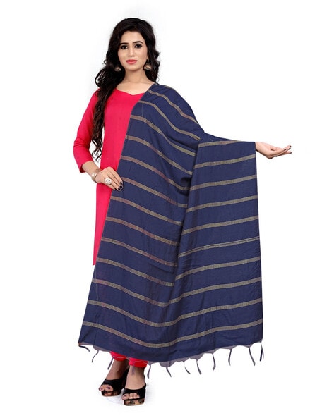 Cotton Zari Woven Dupatta With Fringes Price in India