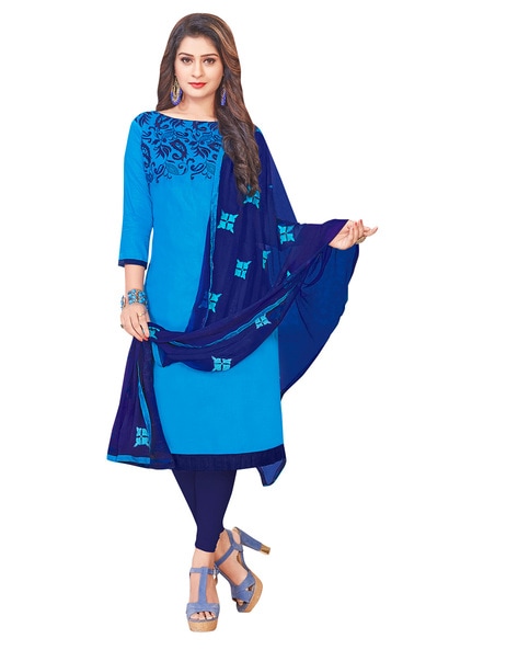 Sidhidata Women's Heavy Cotton Embroidery Work Unstitched Salwar Suit Dress  Material With Chanderi Work Dupatta (Free Size_Sky Blue) : :  Fashion