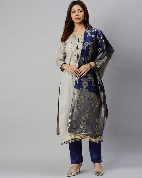 Embroidered Semi-Stitched Straight Dress Material Price in India