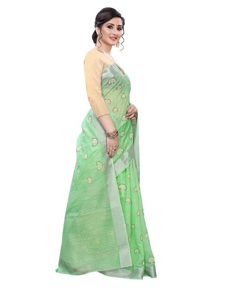 Surpassing Parrot Green Colored Pure Linen Printed Saree